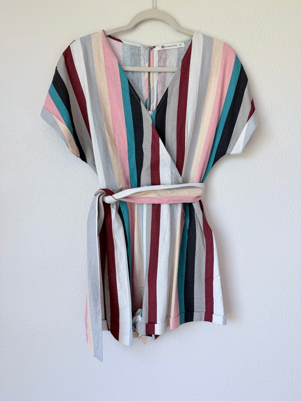 The Impeccable Pig Linen Blend Striped Belted Romper Pockets Medium Boho